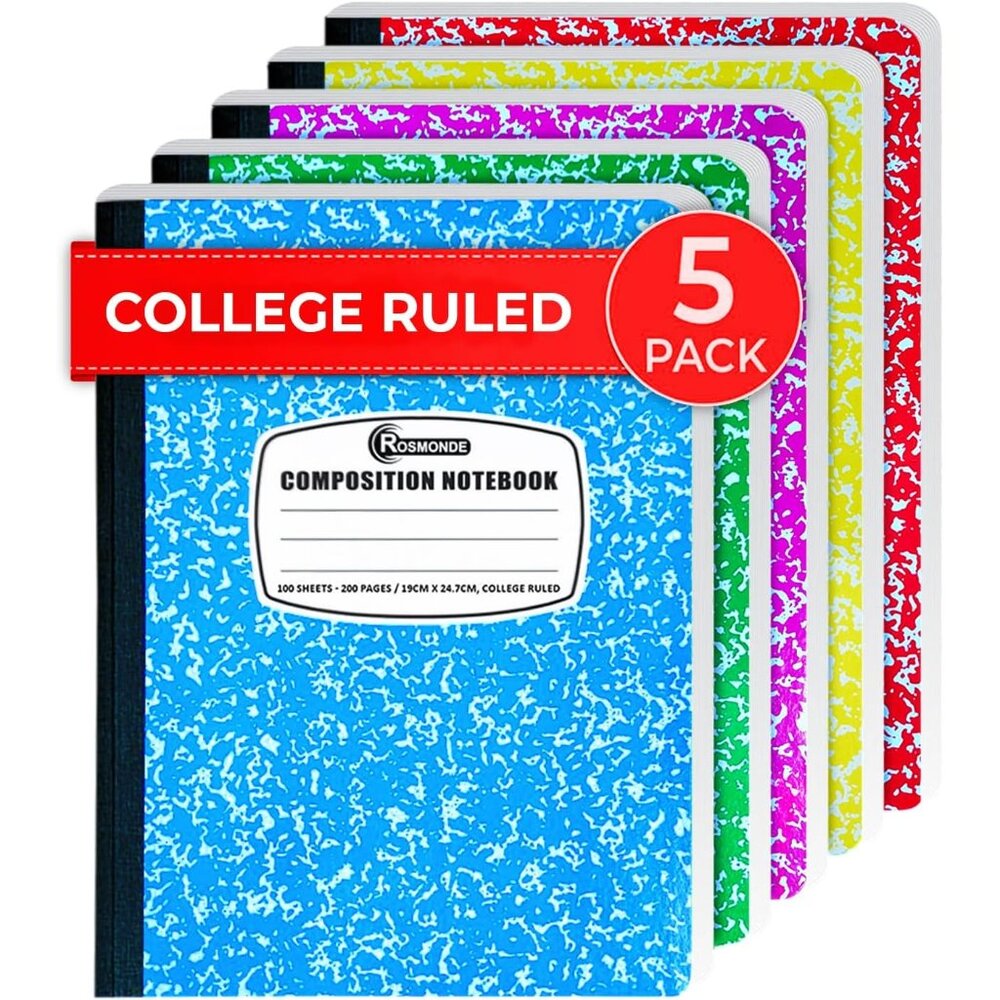 5 Pack Composition Notebooks College Ruled, 200 No Bleed Pages 100 Sheets 9-3/4x